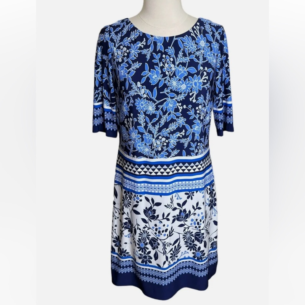 NWOT Eliza J Floral Jersey Shift Dress Blue/White Size 6 - Picture 2 of 16